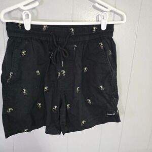 Hurley Toucan Print Shorts Mens Small Black Elastic Waist Drawstring Casual